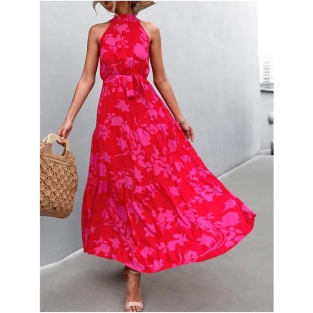 Boho Red Floral Print Halter Maxi Dress Cottagecore - Picture 3 of 4
